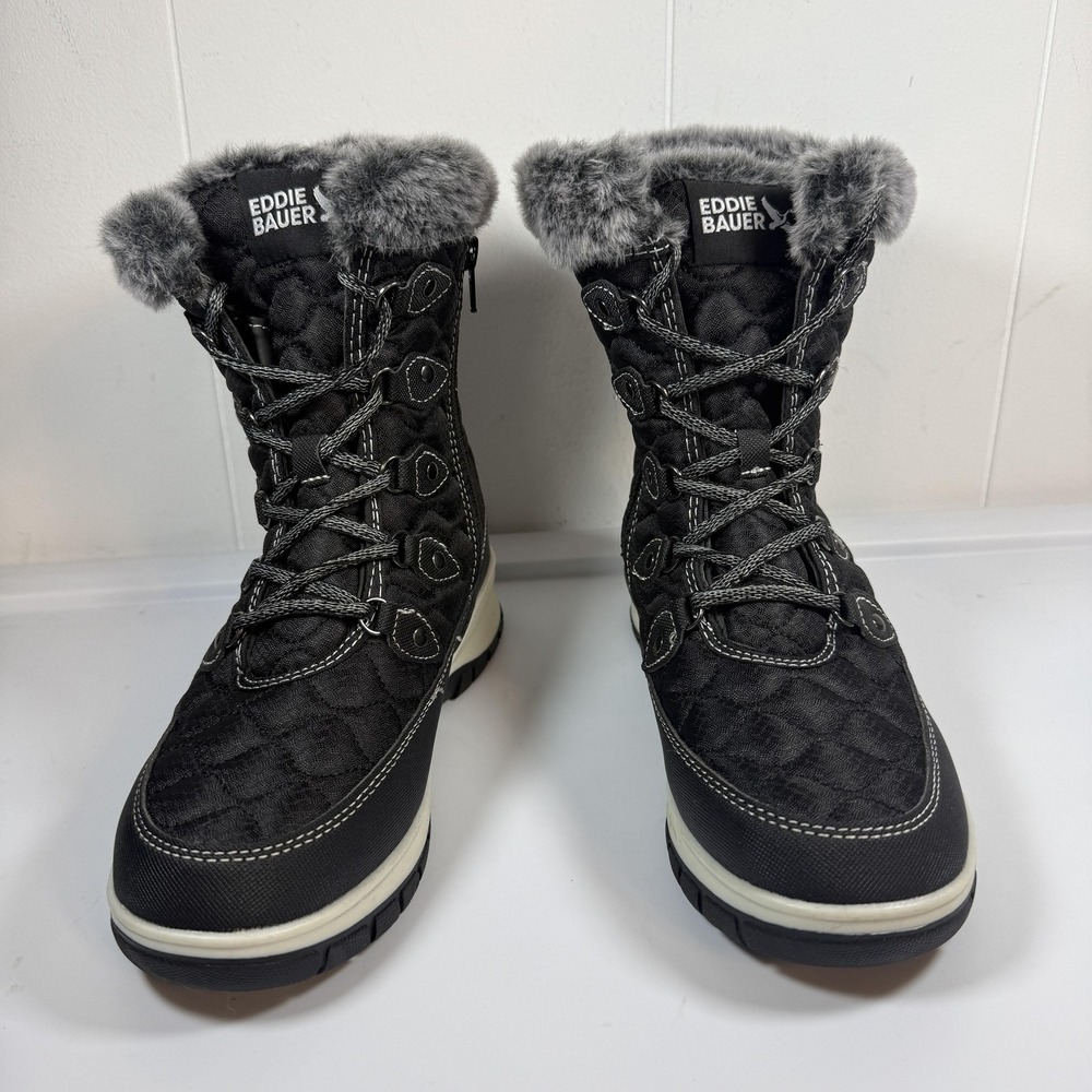 Eddie Bauer Black Quilted Winter Boots with Gray Fur